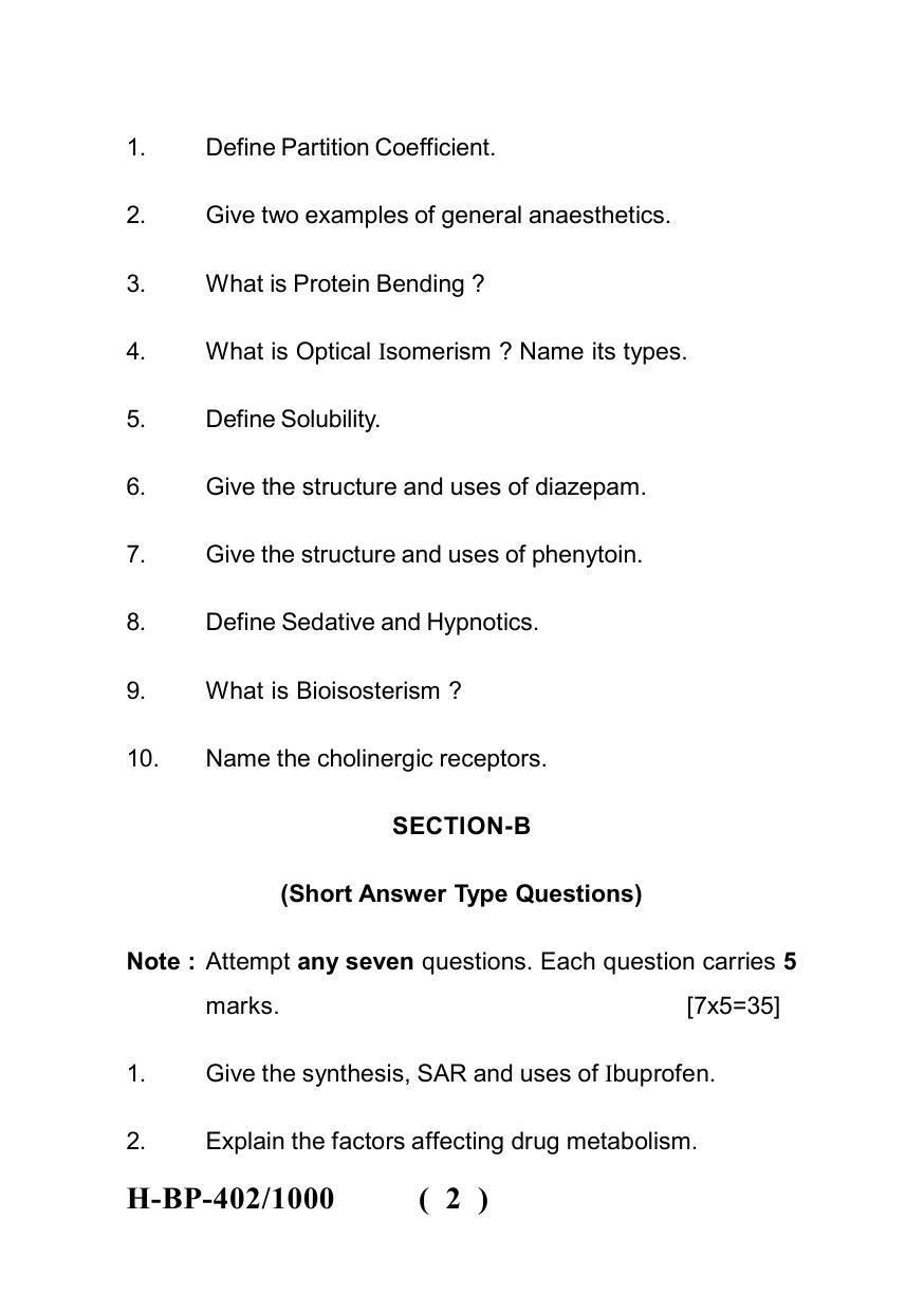 Sarguja University Question Paper July-2022 : Bachelor Of Pharmacy(Sem.-IV) Medicinal Chemistry-I Paper 1 - Page 2