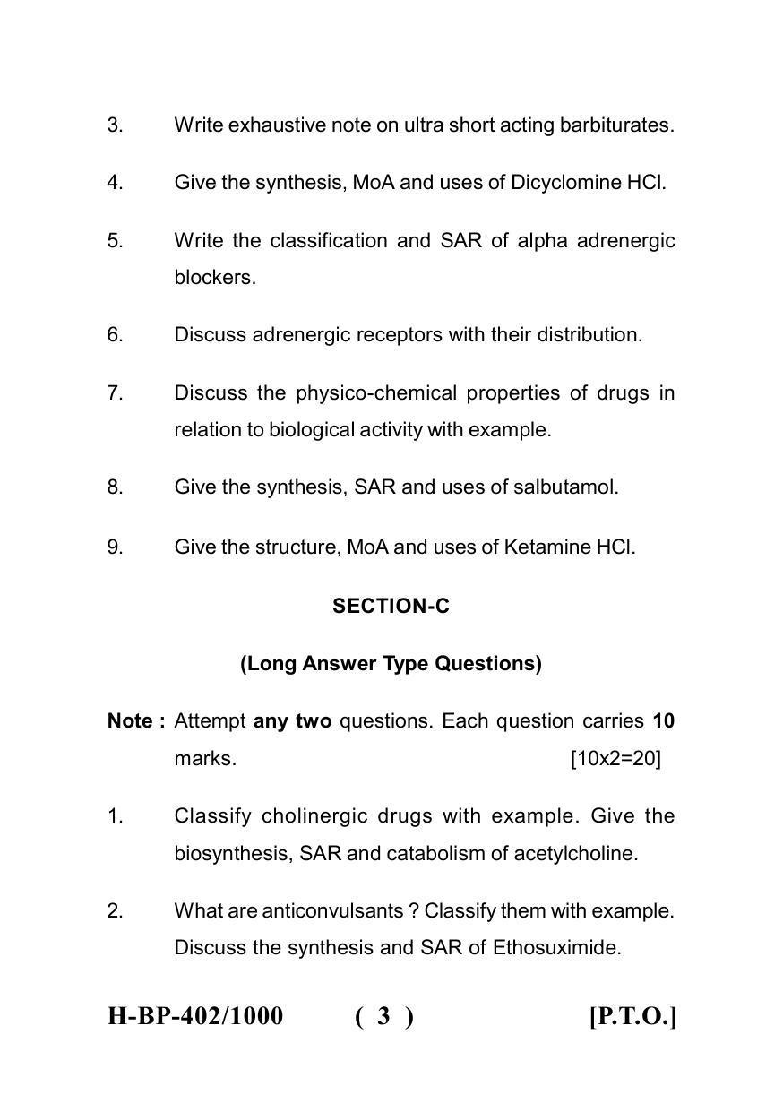 Sarguja University Question Paper July-2022 : Bachelor Of Pharmacy(Sem.-IV) Medicinal Chemistry-I Paper 1 - Page 3