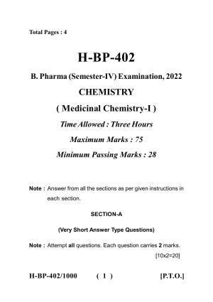 Sarguja University Question Paper July-2022 :   Bachelor Of Pharmacy(Sem.-IV) Medicinal Chemistry-I Paper 1