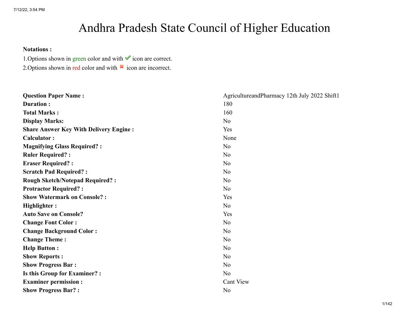 AP EAPCET 2022 - 12th July 2022 - Agricultureand Pharmacy Question Paper With Preliminary Keys Shift 1 - Page 1