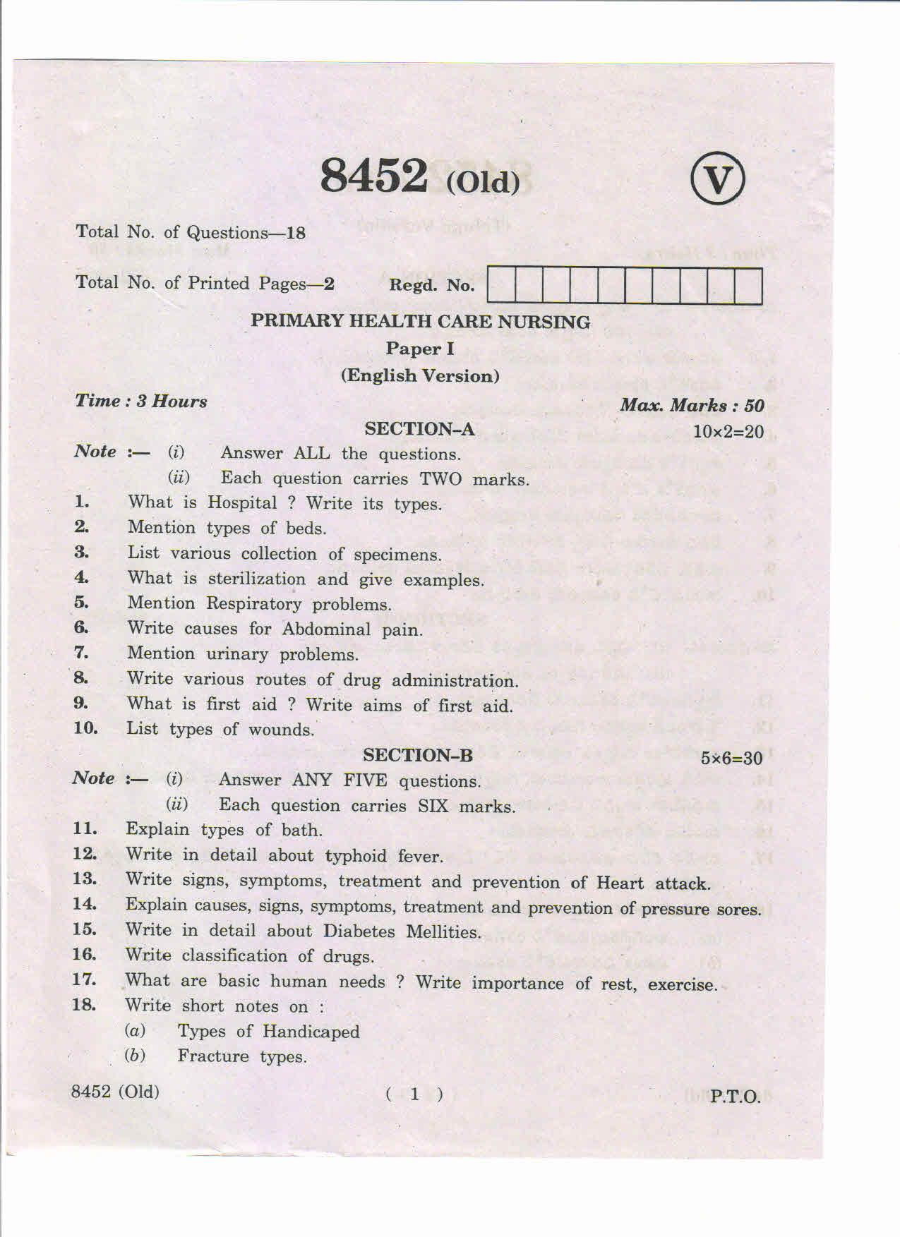 AP Inter 1st Year Primary Health Care Nursing-I (Old) March-2019-Vocational Question Paper - Page 1