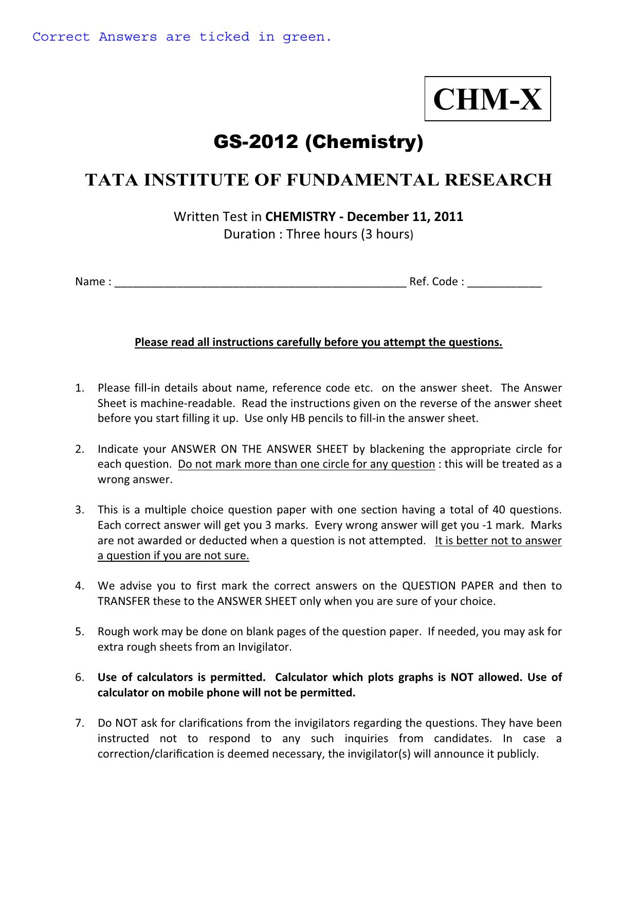 TIFR GS 2012 Chemistry X Question Paper - Page 1