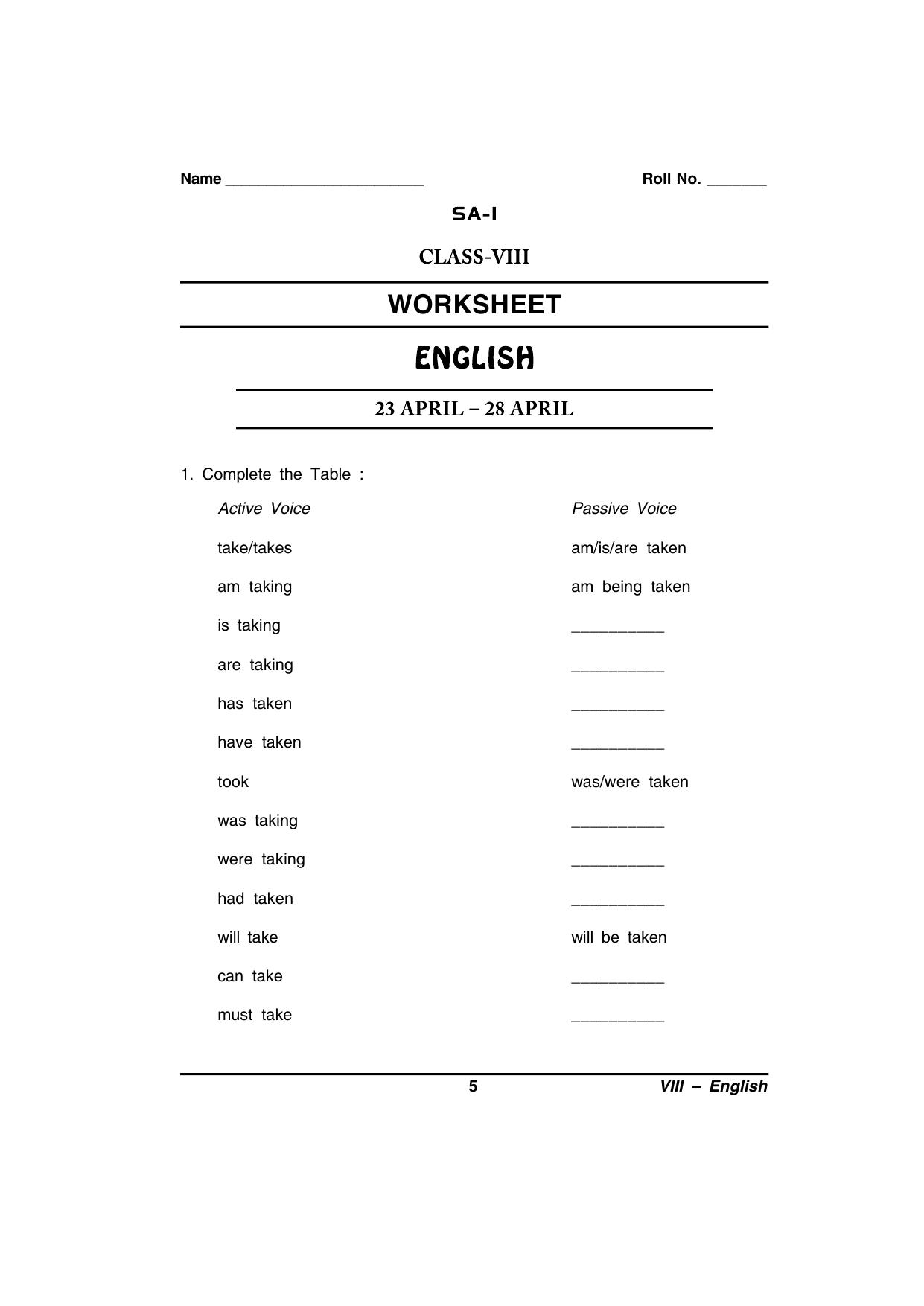 CBSE Worksheets for Class 8 English Assignment 68 - Page 1