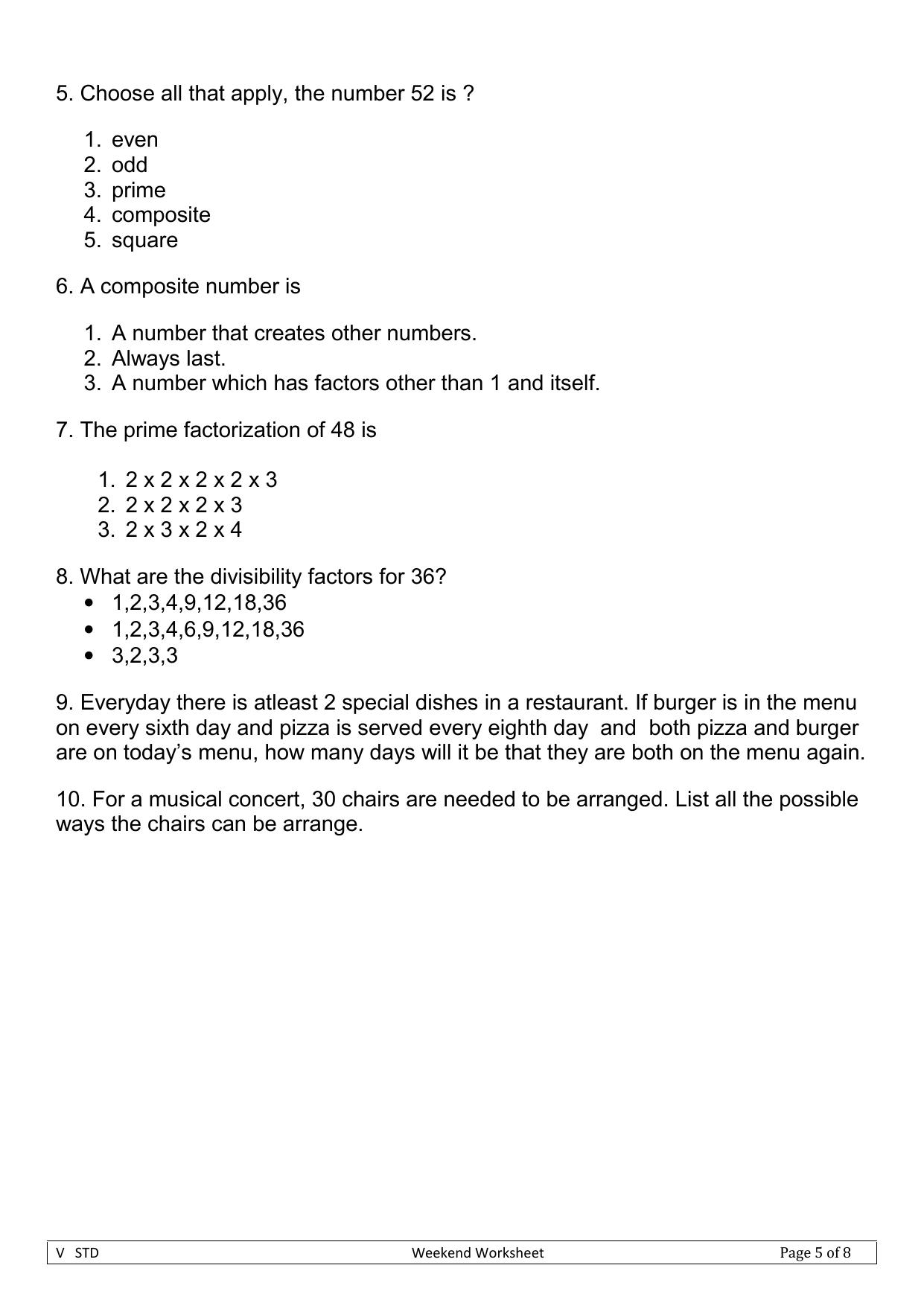 Worksheet for Class 5 Maths Factors Assignment 3 - Page 2