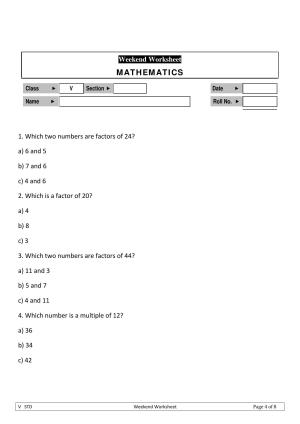 Worksheet for Class 5 Maths Factors Assignment 3