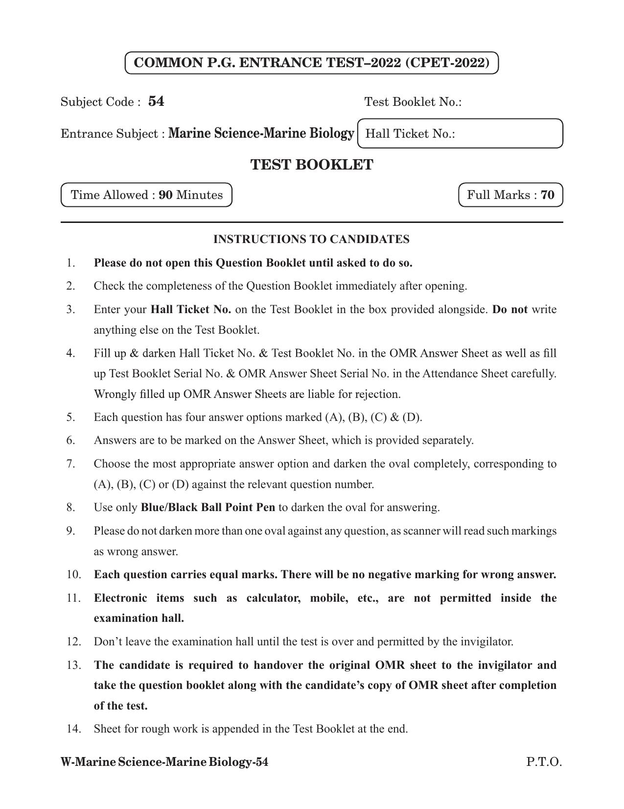 Odisha CPET 2022 MARINE BIOLOGY Question Paper - Page 1