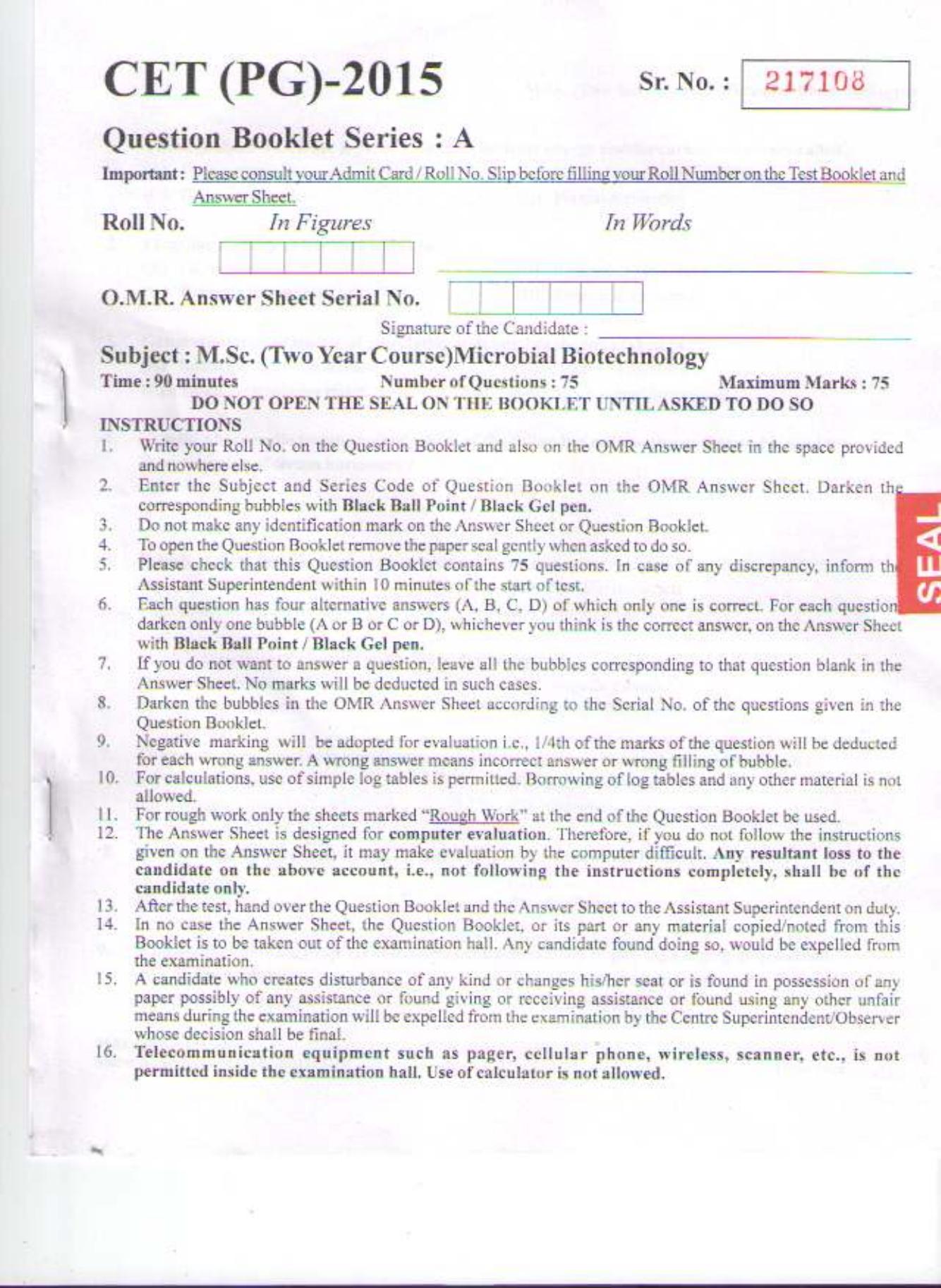 PU CET PG 2015: MSc (2yr)(Microbial Bio. Tec) Question Paper - Page 1