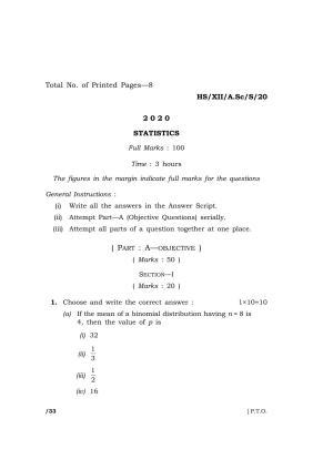 Meghalaya Board (MBOSE) Class 12 STATISTICS 2020 Question Paper