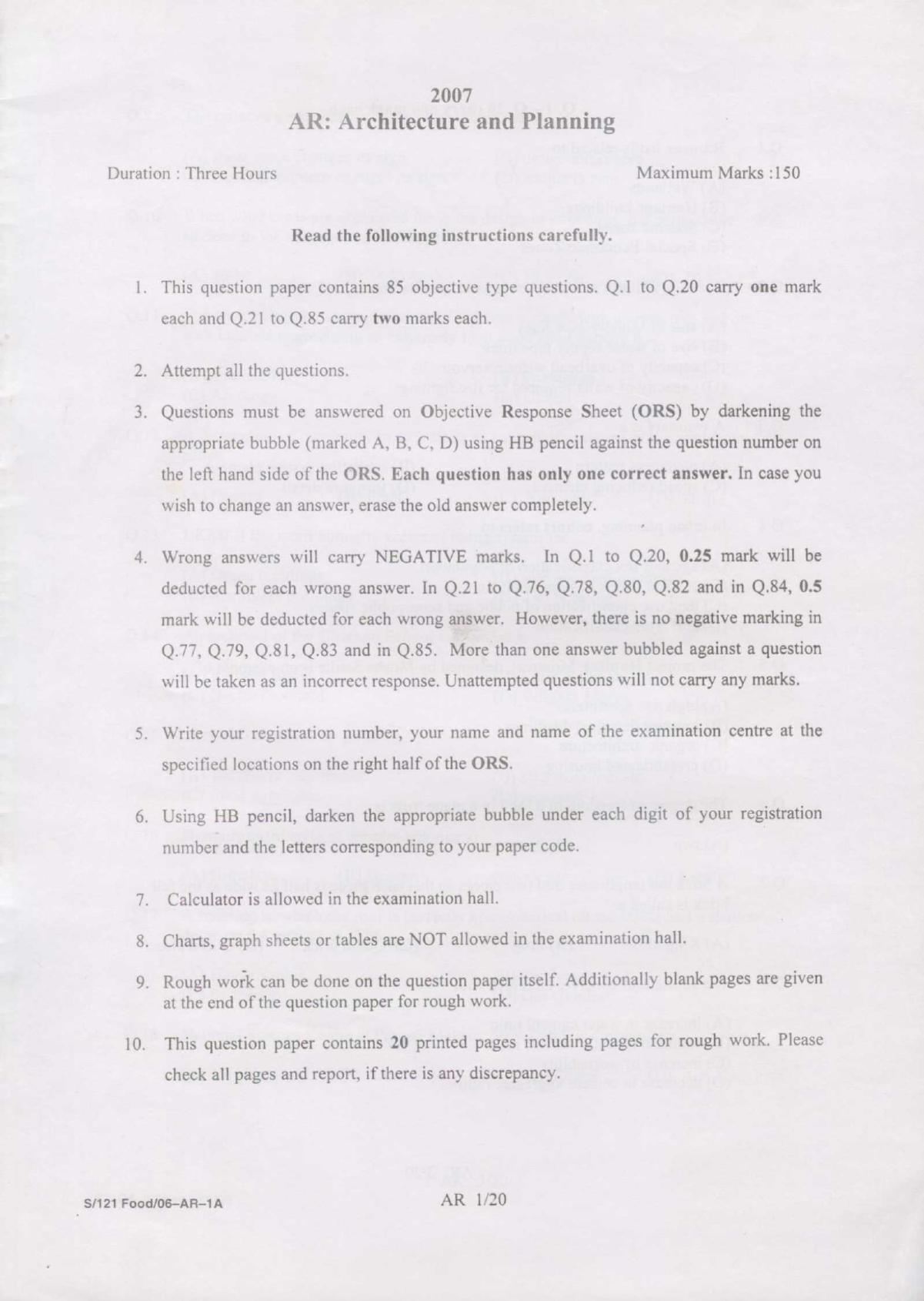 GATE 2007 Architecture and Planning (AR) Question Paper with Answer Key - Page 1