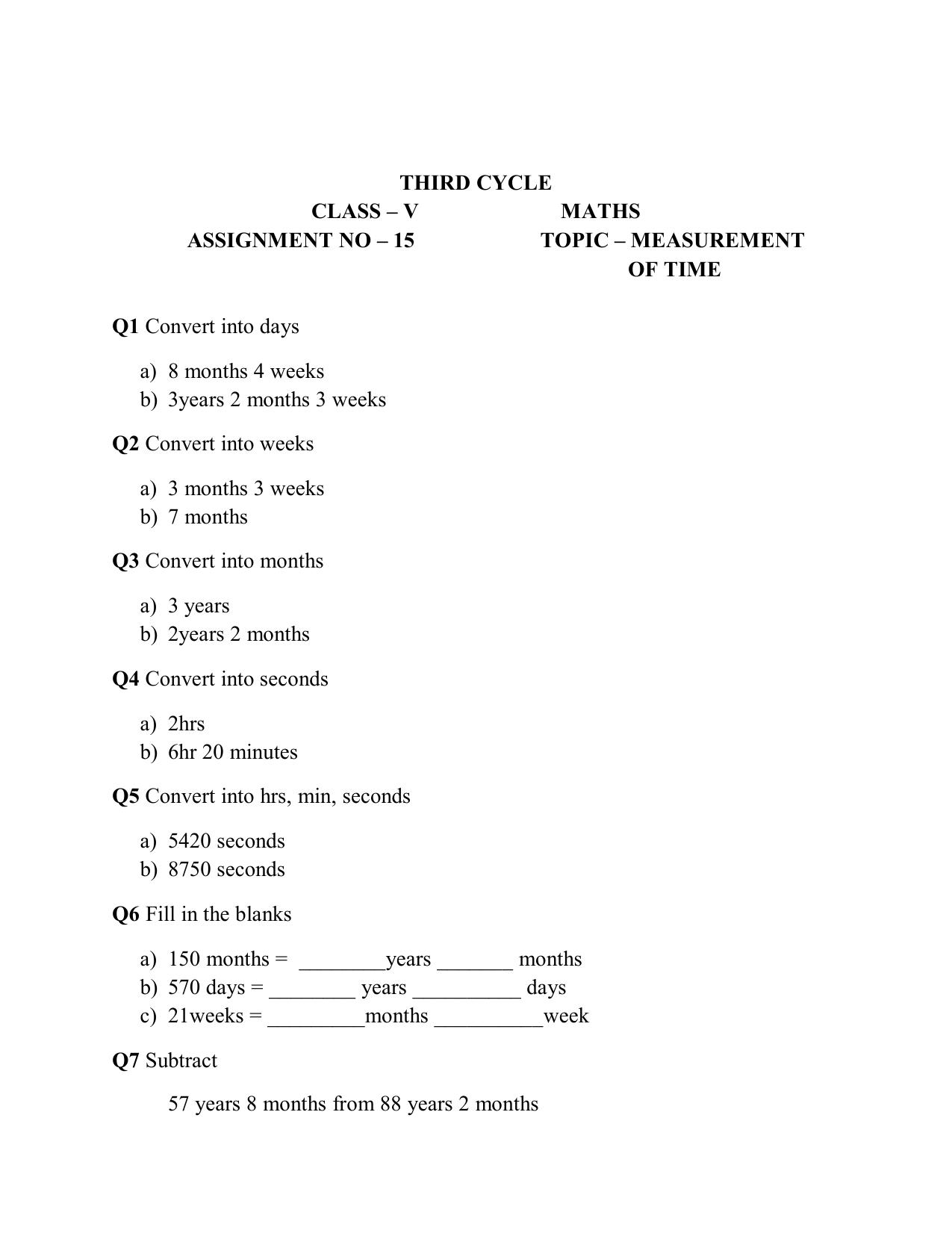 Worksheet for Class 5 Maths Assignment 24 - Page 1