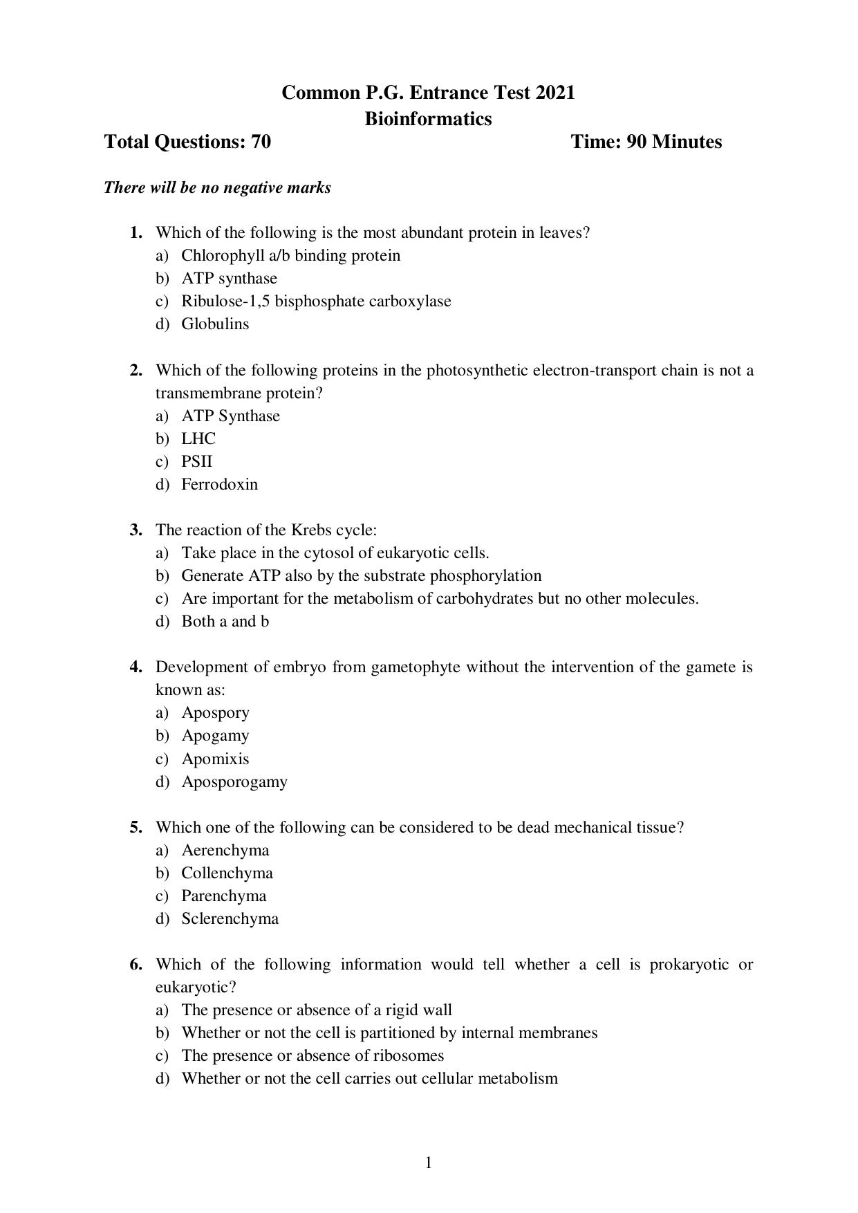 Odisha CPET 2021 BIOINFORMATICS Question Paper - Page 1