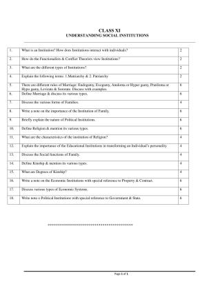 CBSE Worksheets for Class 11 Sociology Understanding Social Institutions Assignment