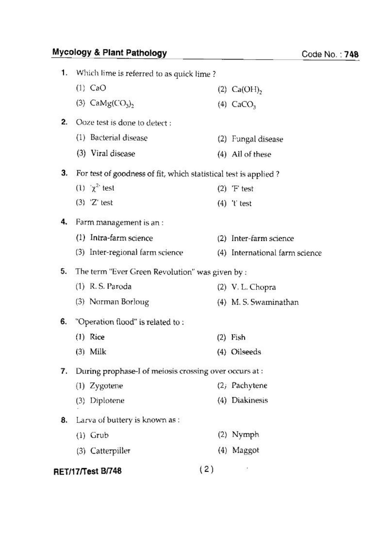 BHU RET(Agriculture) Mycology & Plant Pathology 2017 Question Paper - Page 4