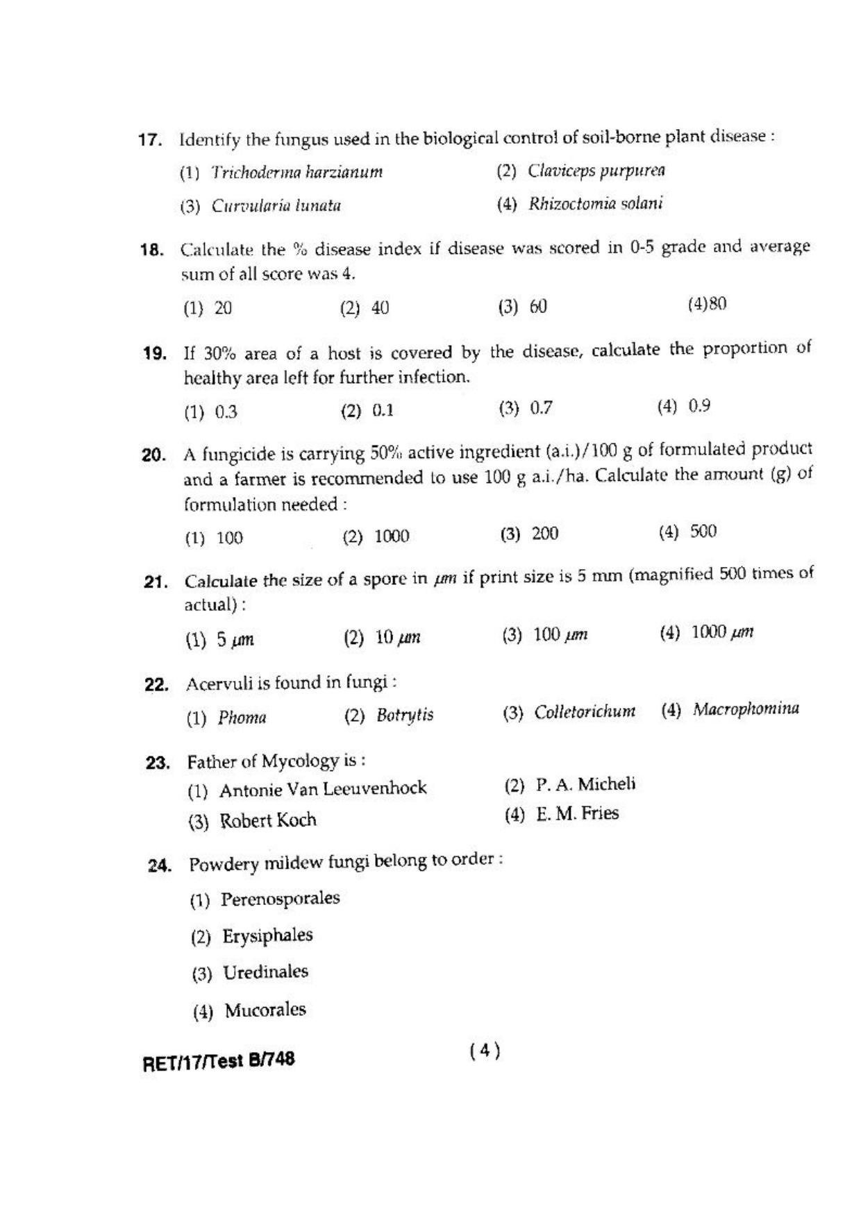 BHU RET(Agriculture) Mycology & Plant Pathology 2017 Question Paper - Page 6