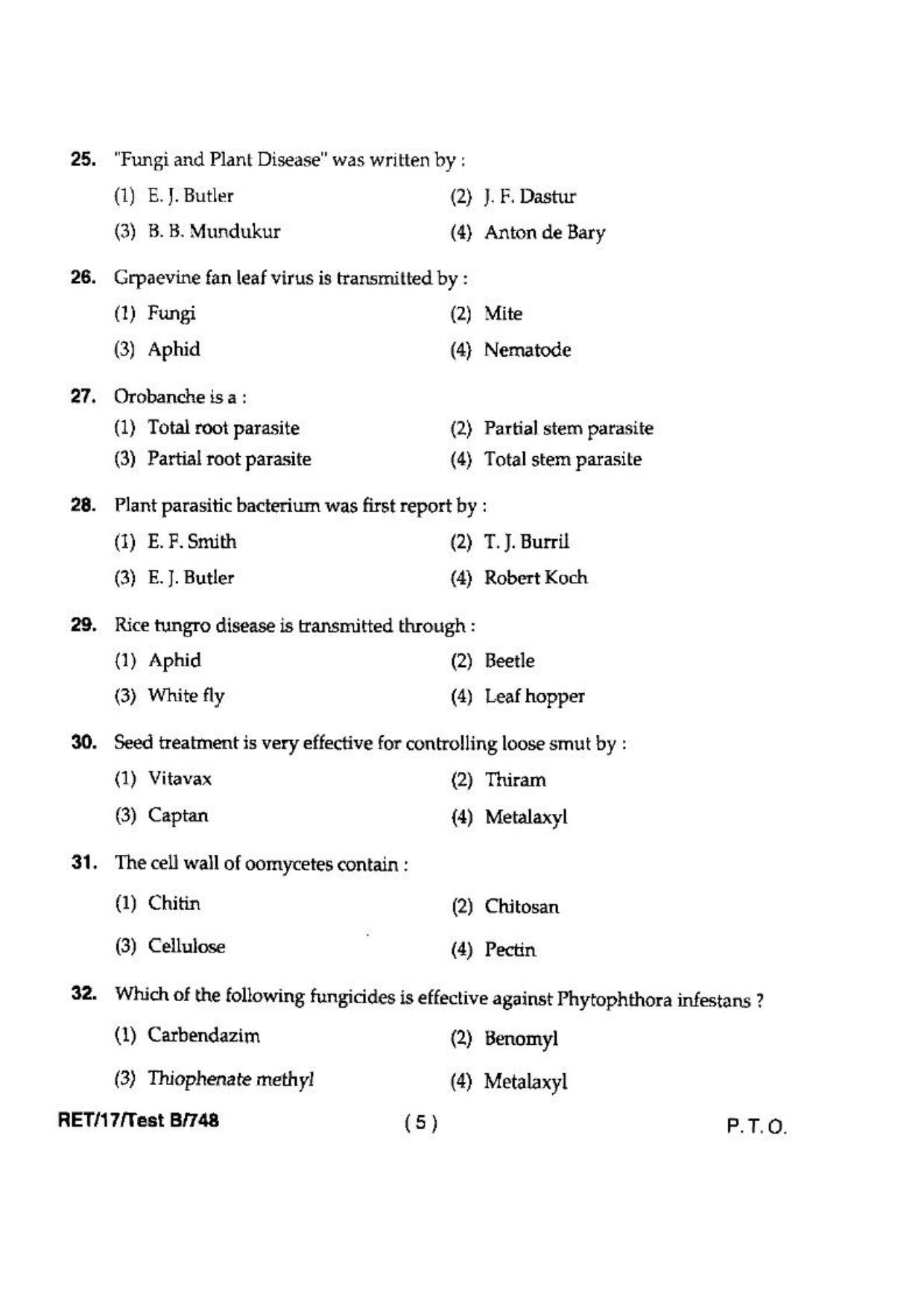 BHU RET(Agriculture) Mycology & Plant Pathology 2017 Question Paper - Page 7