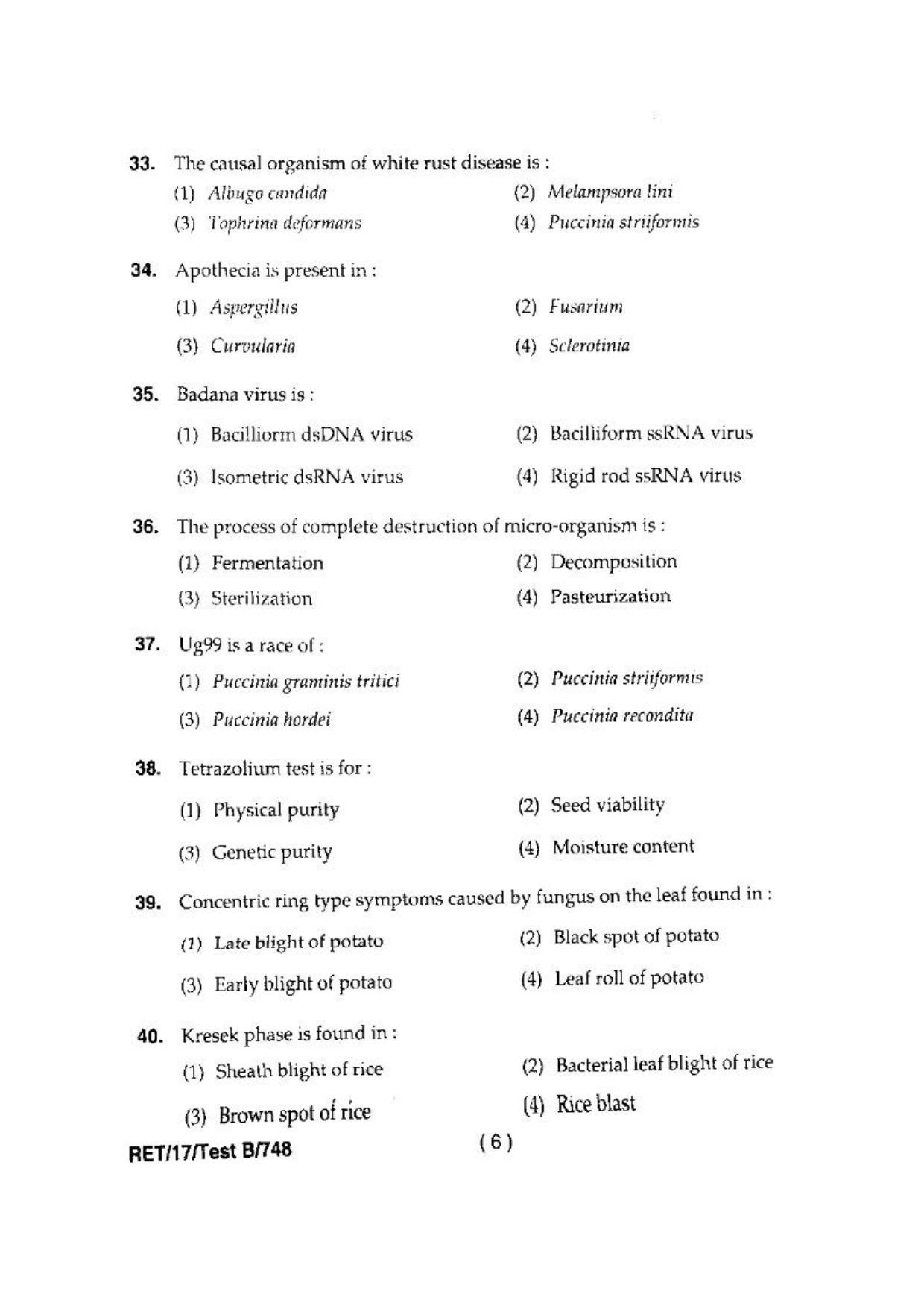 BHU RET(Agriculture) Mycology & Plant Pathology 2017 Question Paper - Page 8