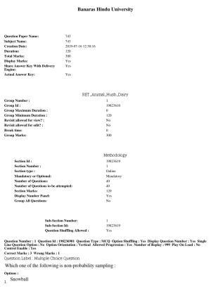 BHU RET Animal Husb Dairy 2019 Question Paper