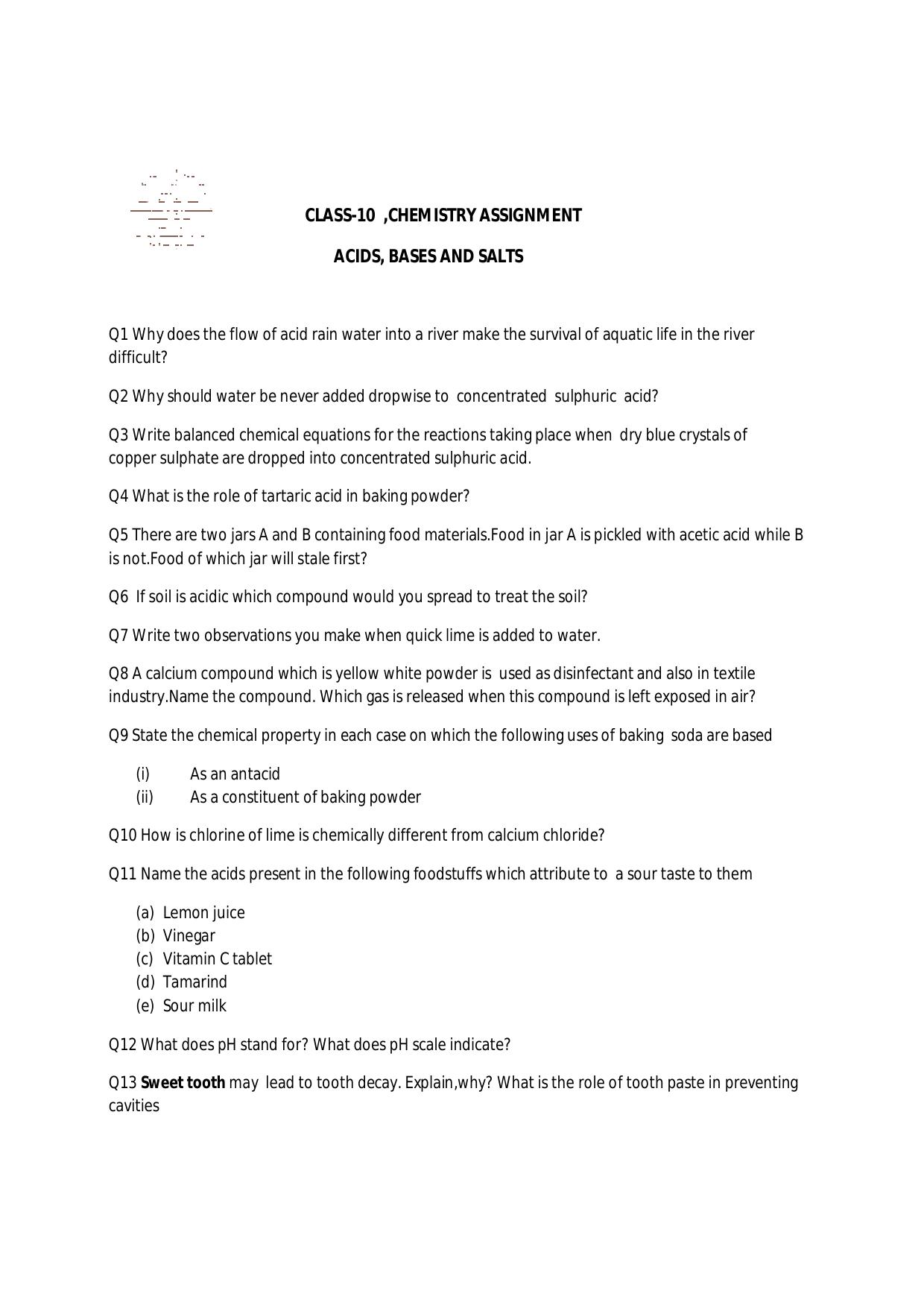 CBSE Worksheets for Class 10 Chemistry Acids, Bases And Salts Assignment 1 - Page 1