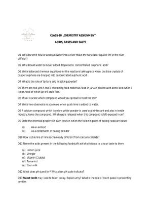 CBSE Worksheets for Class 10 Chemistry Acids, Bases And Salts Assignment 1
