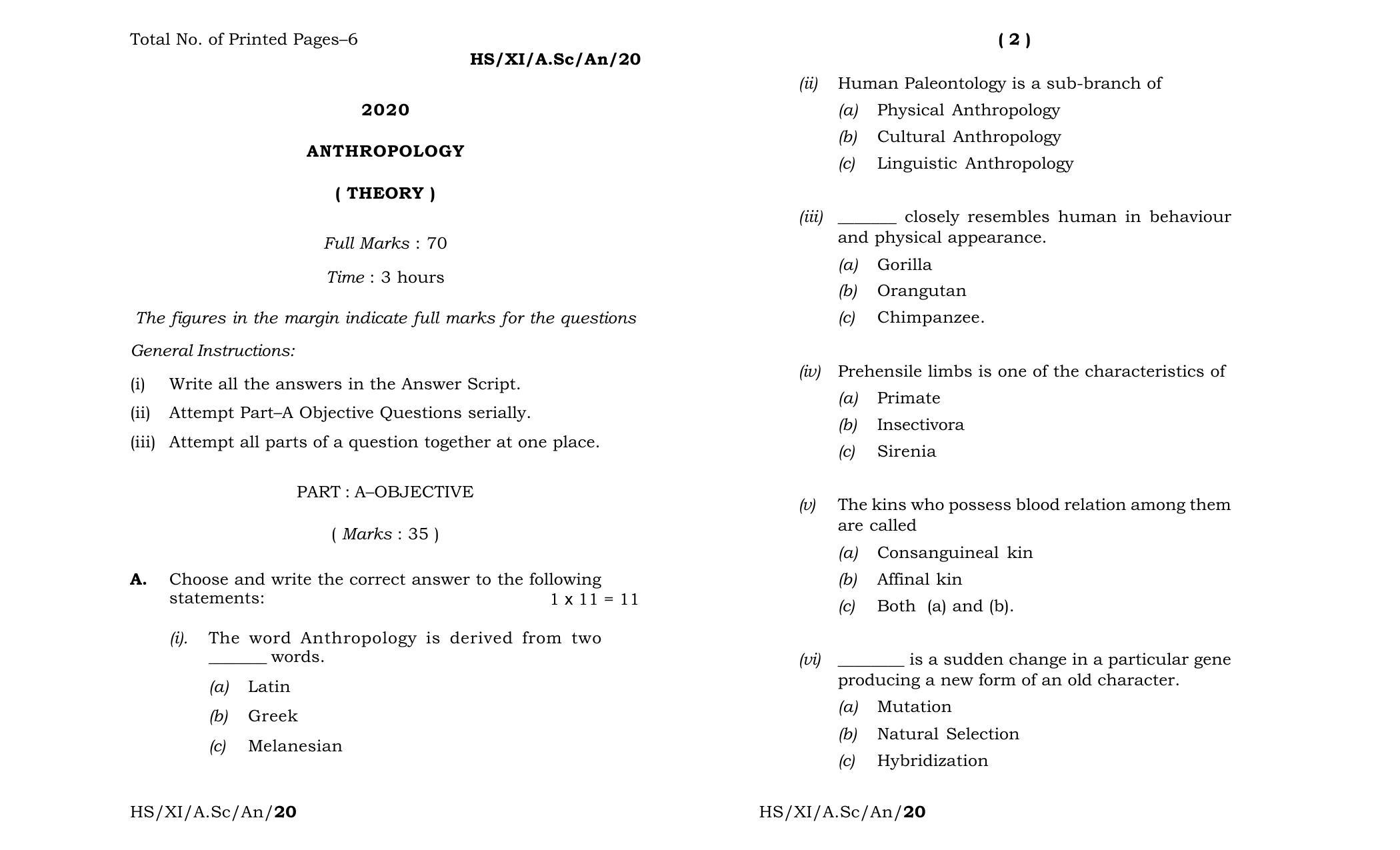 Meghalaya Board (MBOSE) Class 11 Anthropology 2020 Question Paper - Page 1