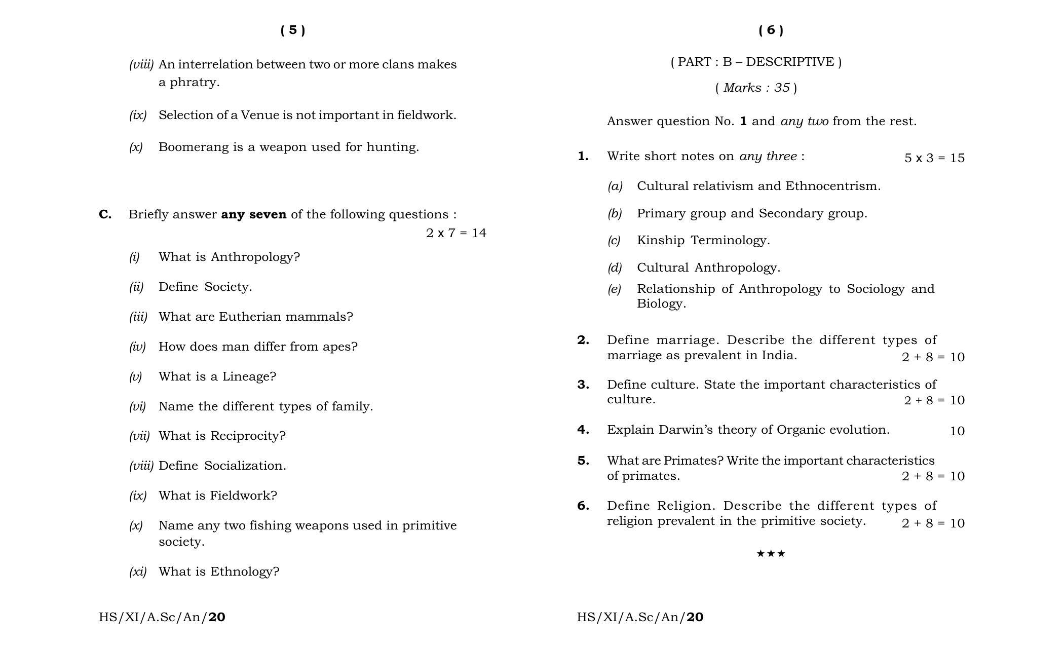 Meghalaya Board (MBOSE) Class 11 Anthropology 2020 Question Paper - Page 3