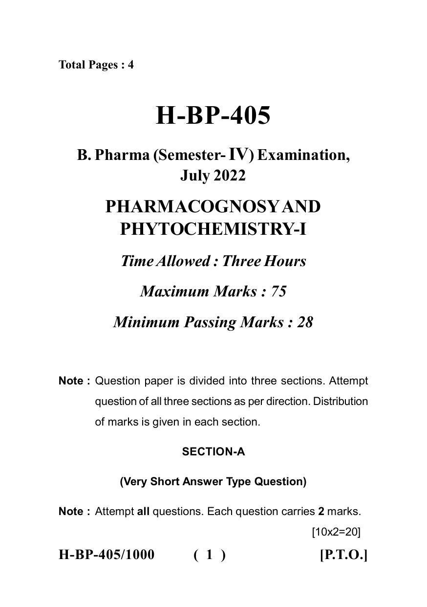 Sarguja University Question Paper - 2022 : Bachelor Of Pharmacy Sem-IV Pharmacognosy-I Paper 1 - Page 1