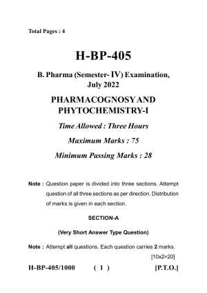 Sarguja University Question Paper - 2022 : Bachelor Of Pharmacy Sem-IV Pharmacognosy-I Paper 1