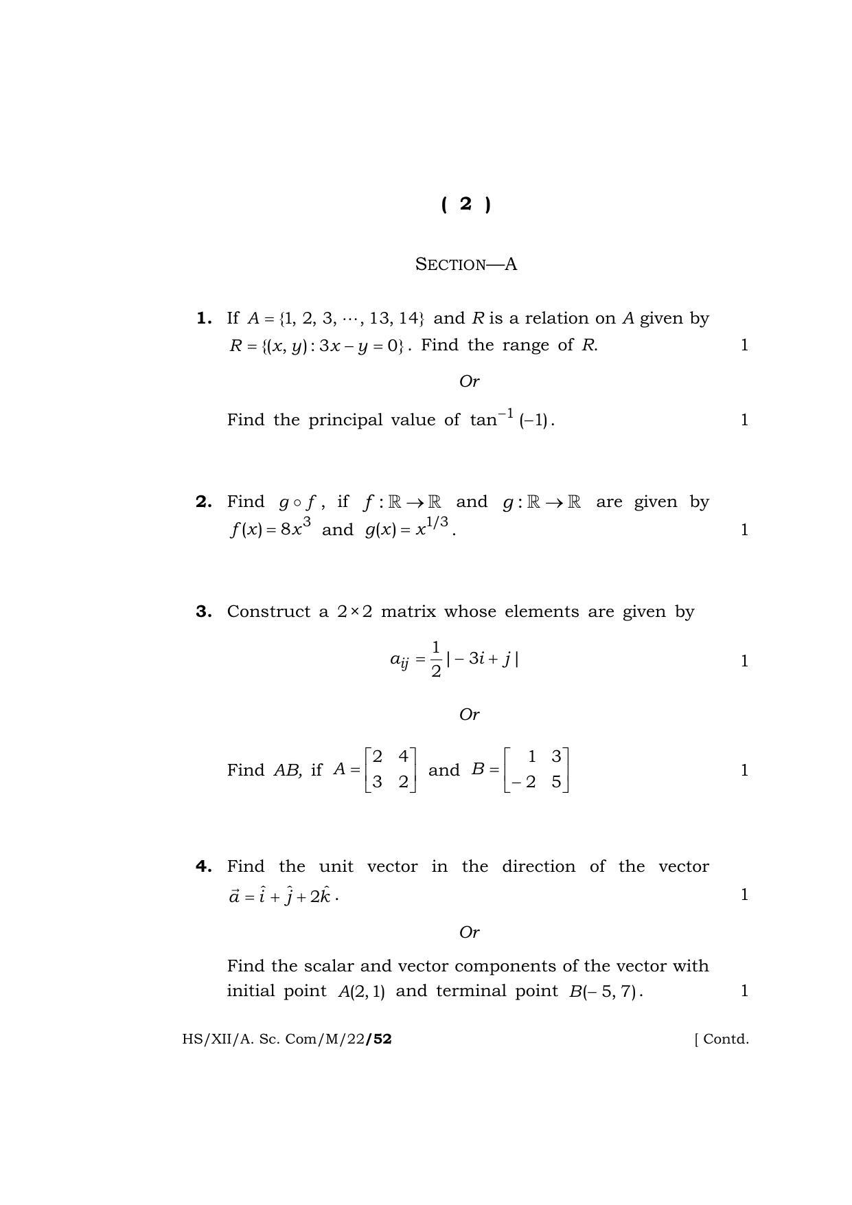 Meghalaya Board (MBOSE) Class 12 MATHEMATICS (HS-XII-A. Sc. Com-M-22) 2022 Question Paper - Page 2