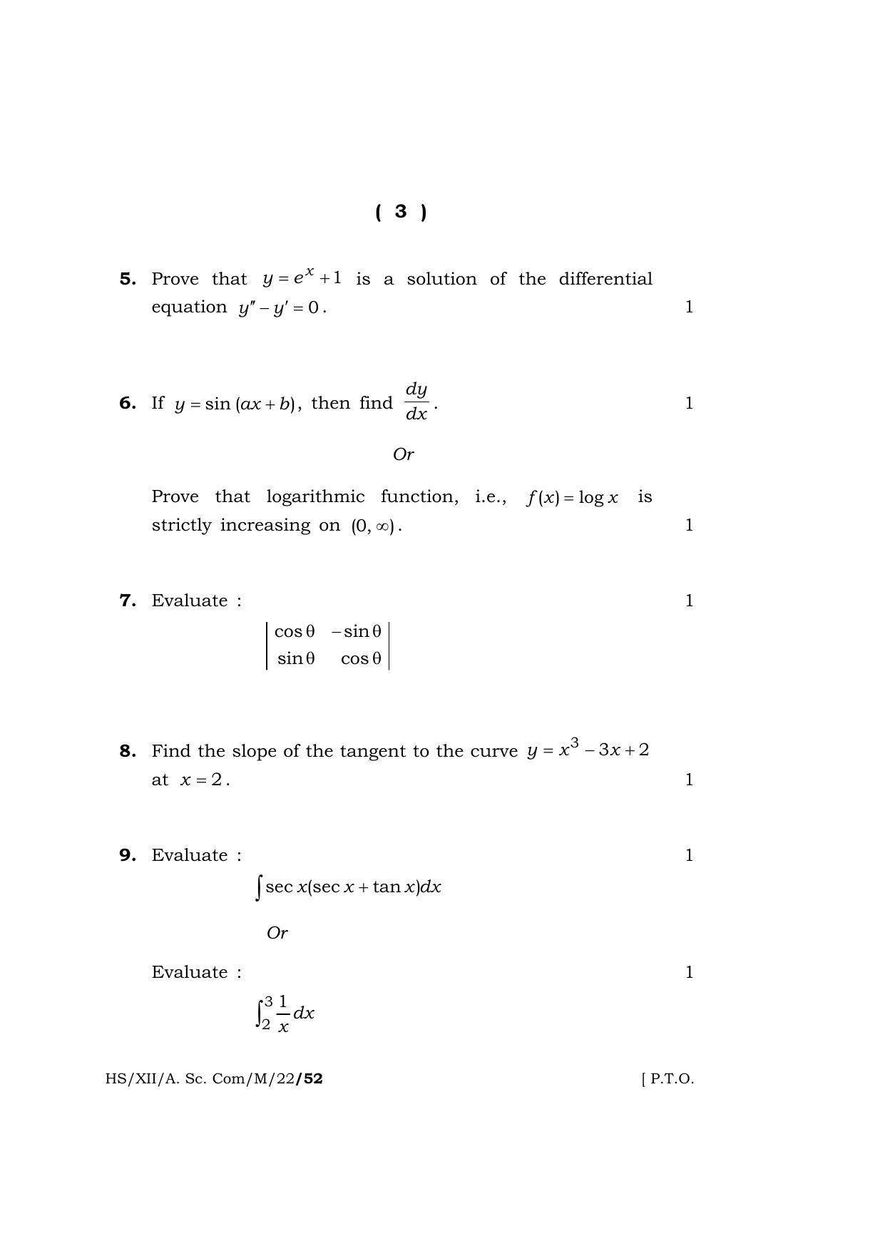 Meghalaya Board (MBOSE) Class 12 MATHEMATICS (HS-XII-A. Sc. Com-M-22) 2022 Question Paper - Page 3