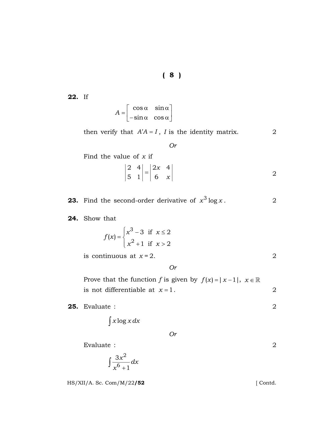 Meghalaya Board (MBOSE) Class 12 MATHEMATICS (HS-XII-A. Sc. Com-M-22) 2022 Question Paper - Page 8