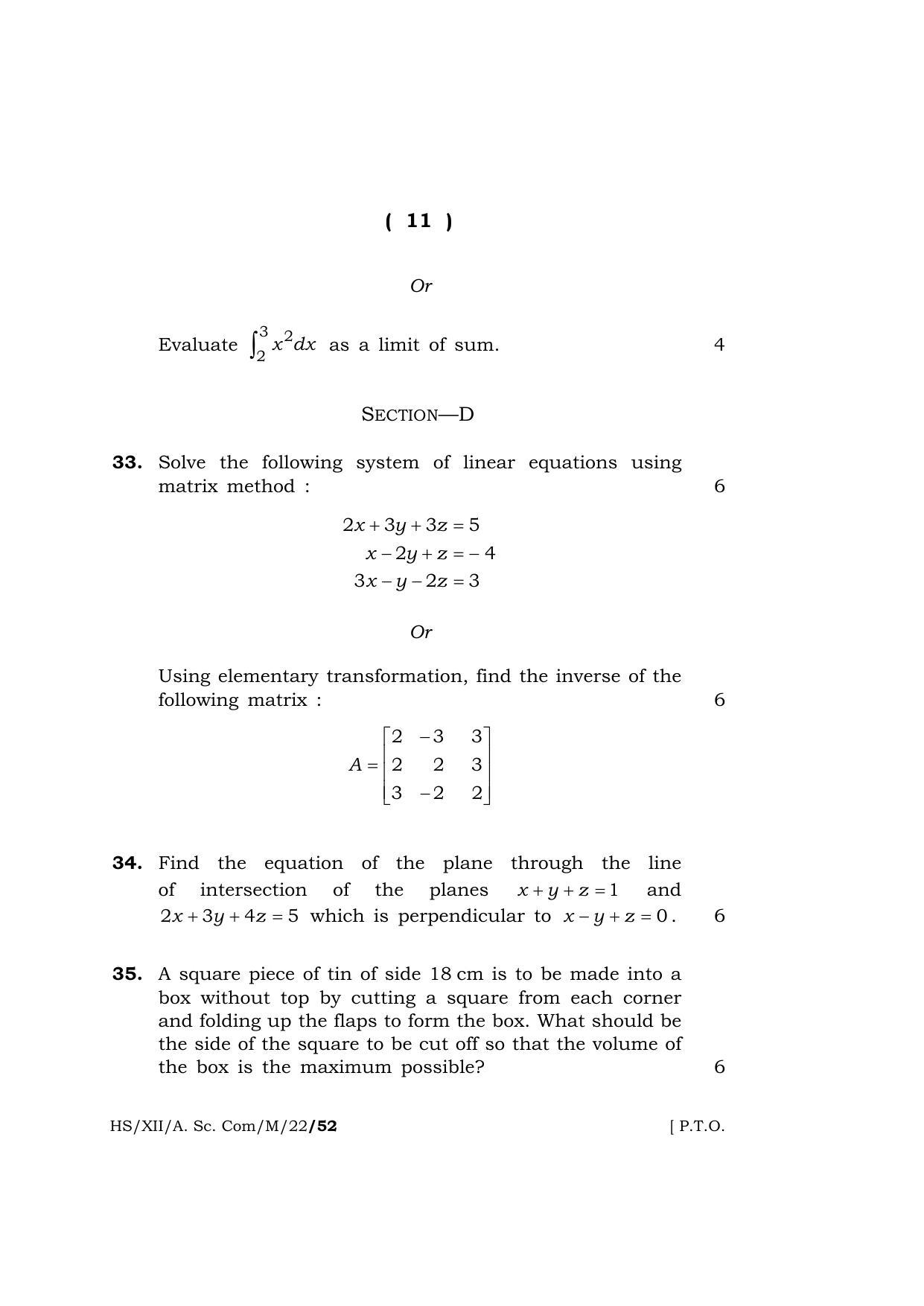 Meghalaya Board (MBOSE) Class 12 MATHEMATICS (HS-XII-A. Sc. Com-M-22) 2022 Question Paper - Page 11