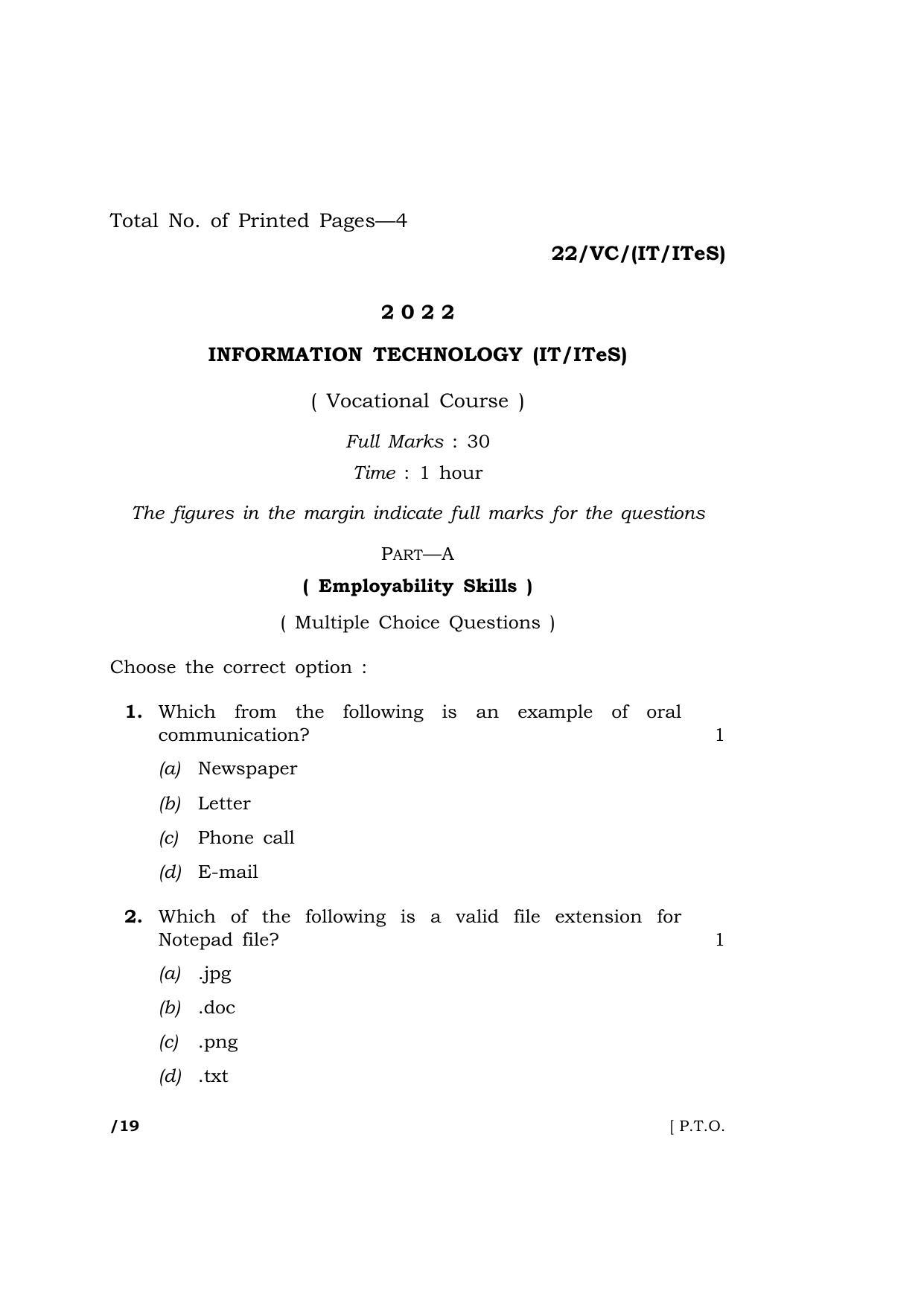 Meghalaya Board (MBOSE) Class 10 INFORMATION TECHNOLOGY (IT/ITeS)  (22-VC-(IT-ITeS)) 2022 Question Paper - Page 1
