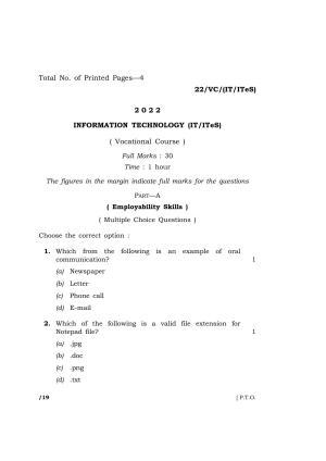 Meghalaya Board (MBOSE) Class 10 INFORMATION TECHNOLOGY (IT/ITeS)  (22-VC-(IT-ITeS)) 2022 Question Paper