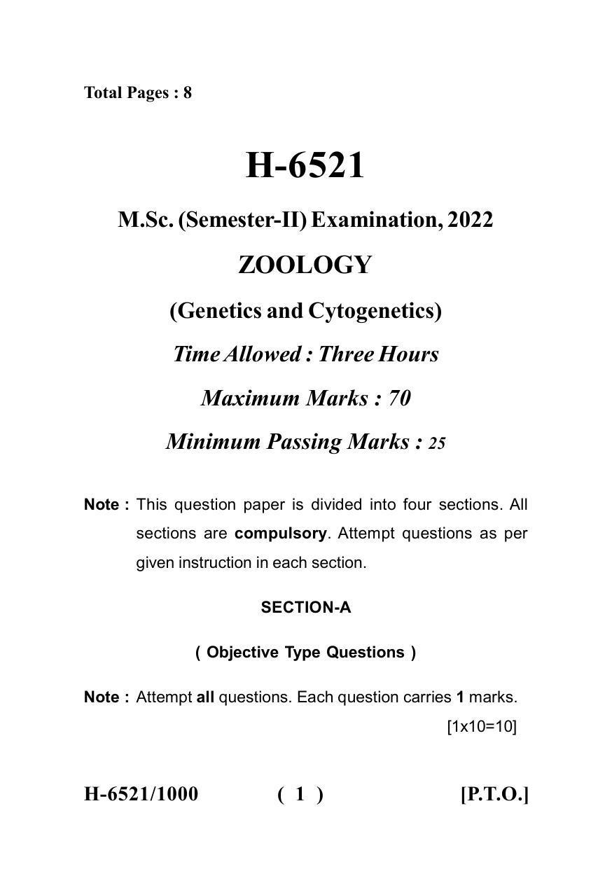 Sarguja University Question Paper July-2022 : M.Sc. In Zoology(Second Sem.) Genetics And Cytogenetics Paper 1 - Page 1