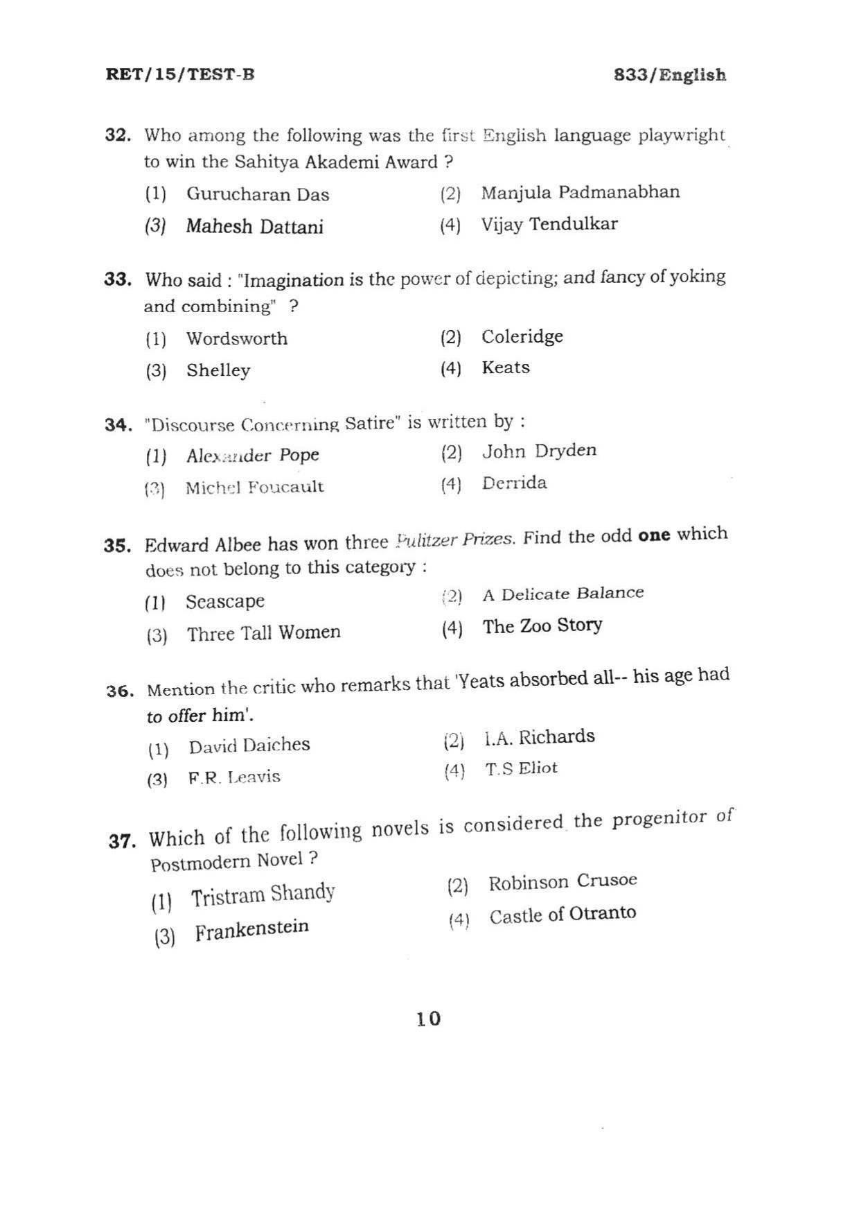 BHU RET ENGLISH 2015 Question Paper - Page 10