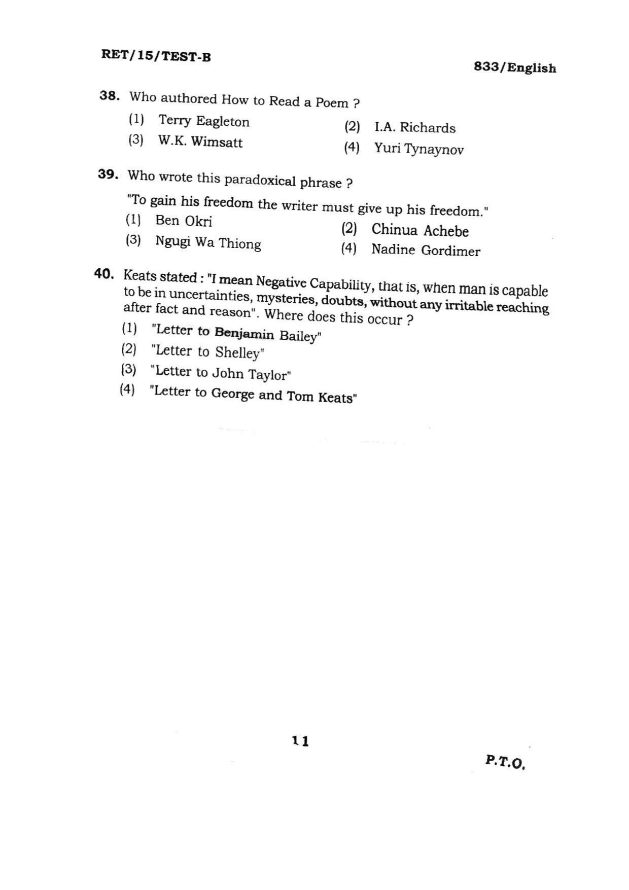BHU RET ENGLISH 2015 Question Paper - Page 11