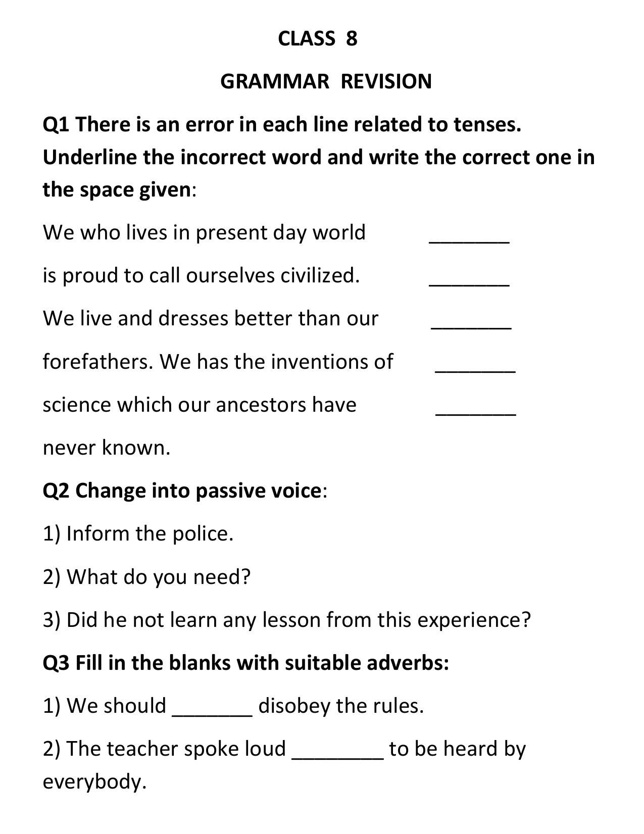 CBSE Class 8 English Worksheet Grammer Revision Assignment 2 - Page 1