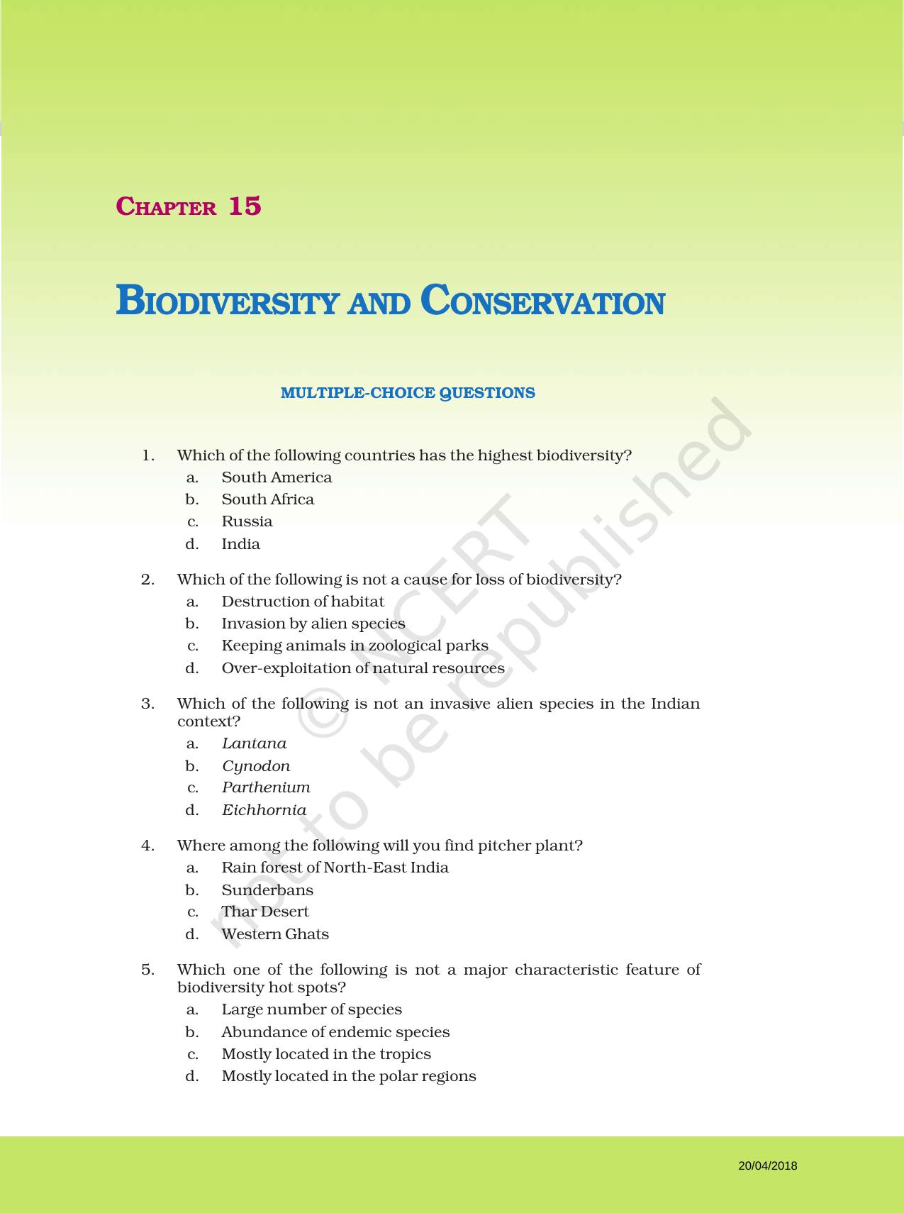 NCERT Exemplar Book for Class 12 Biology: Chapter 15 Biodiversity and Conservation - Page 1