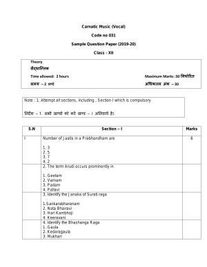 CBSE Class 12 Carnatic Vocal Skill Education-Sample Paper 2019-20