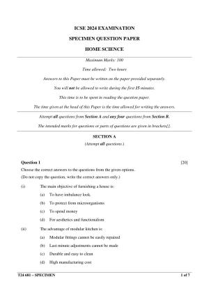 ICSE Class 10 2024 Home Science Sample Paper