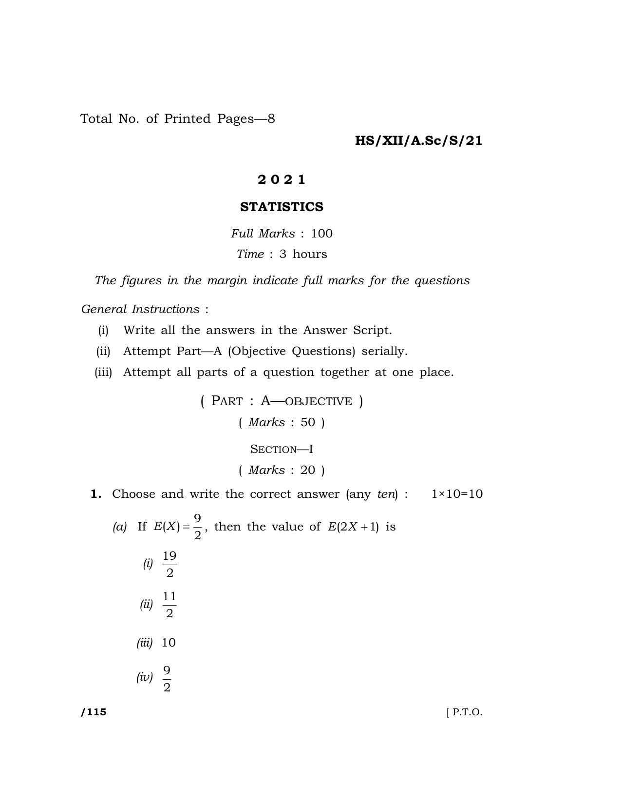 Meghalaya Board (MBOSE) Class 12 STATISTICS (HS-XII-A.Sc-S-21) 2021 Question Paper - Page 1
