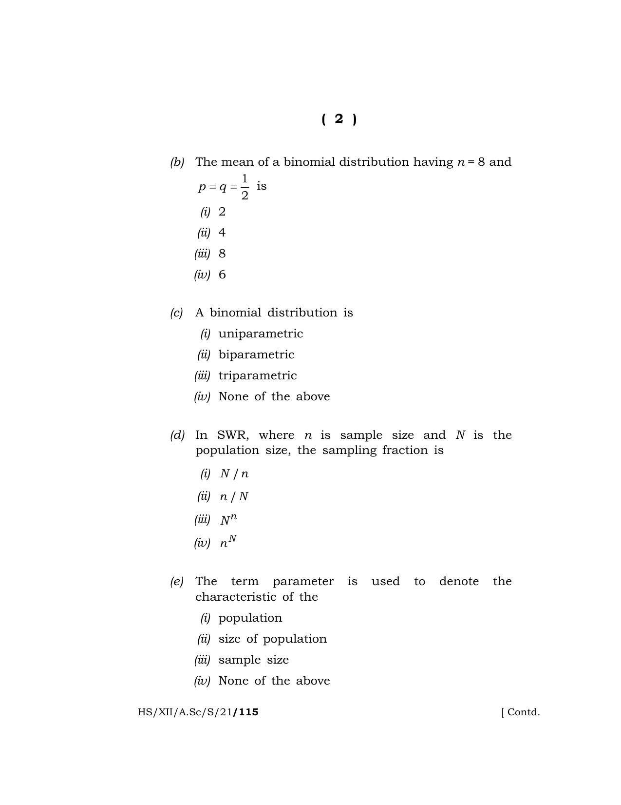 Meghalaya Board (MBOSE) Class 12 STATISTICS (HS-XII-A.Sc-S-21) 2021 Question Paper - Page 2