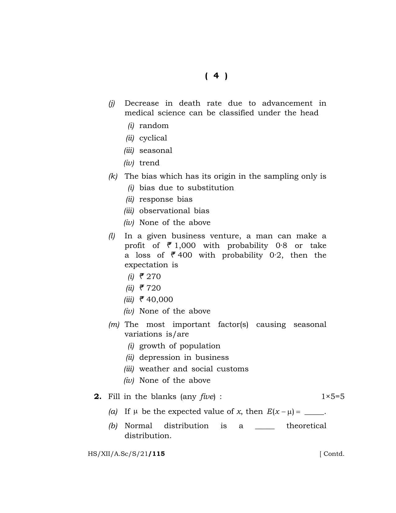 Meghalaya Board (MBOSE) Class 12 STATISTICS (HS-XII-A.Sc-S-21) 2021 Question Paper - Page 4