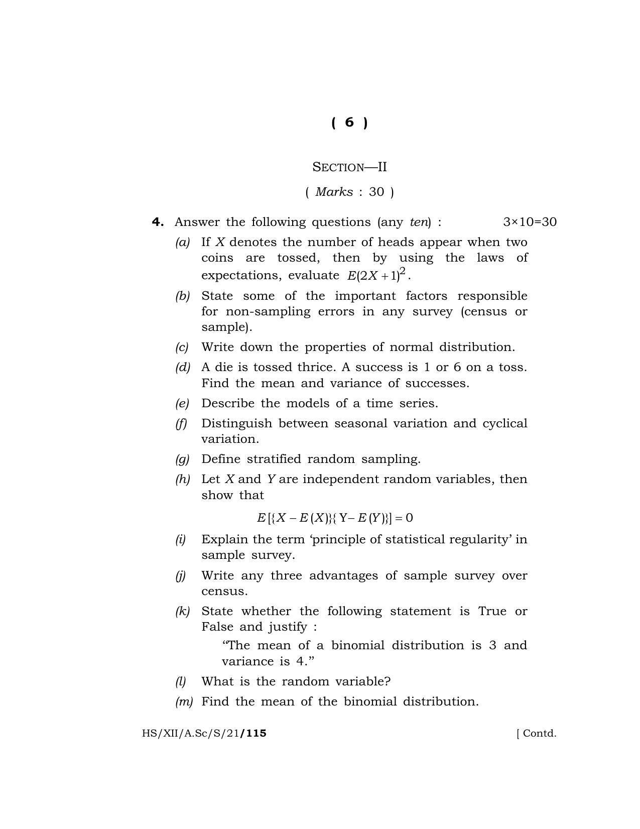 Meghalaya Board (MBOSE) Class 12 STATISTICS (HS-XII-A.Sc-S-21) 2021 Question Paper - Page 6