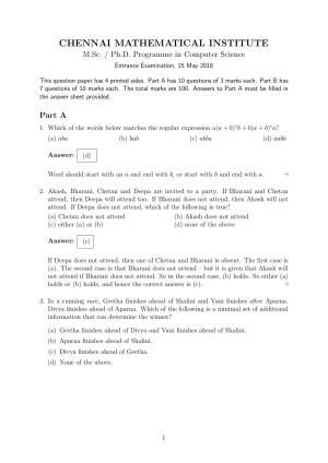 CMI Entrance Exam 2018 Solutions MSc/PhD Computer Science
