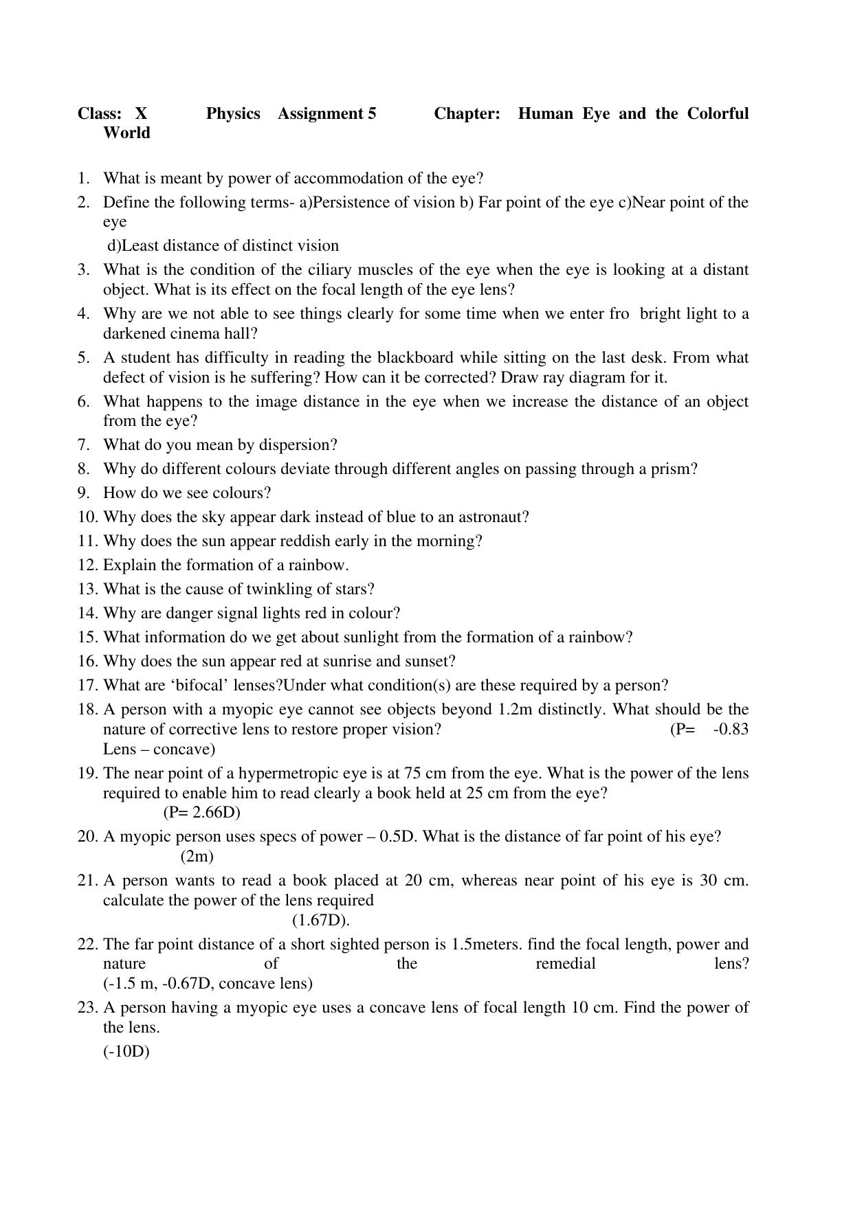 CBSE Worksheets for Class 10 Physics Assignment 5 IndCareer Docs CBSE Worksheets for Class 10 Physics Assignment 5 IndCareer Docs