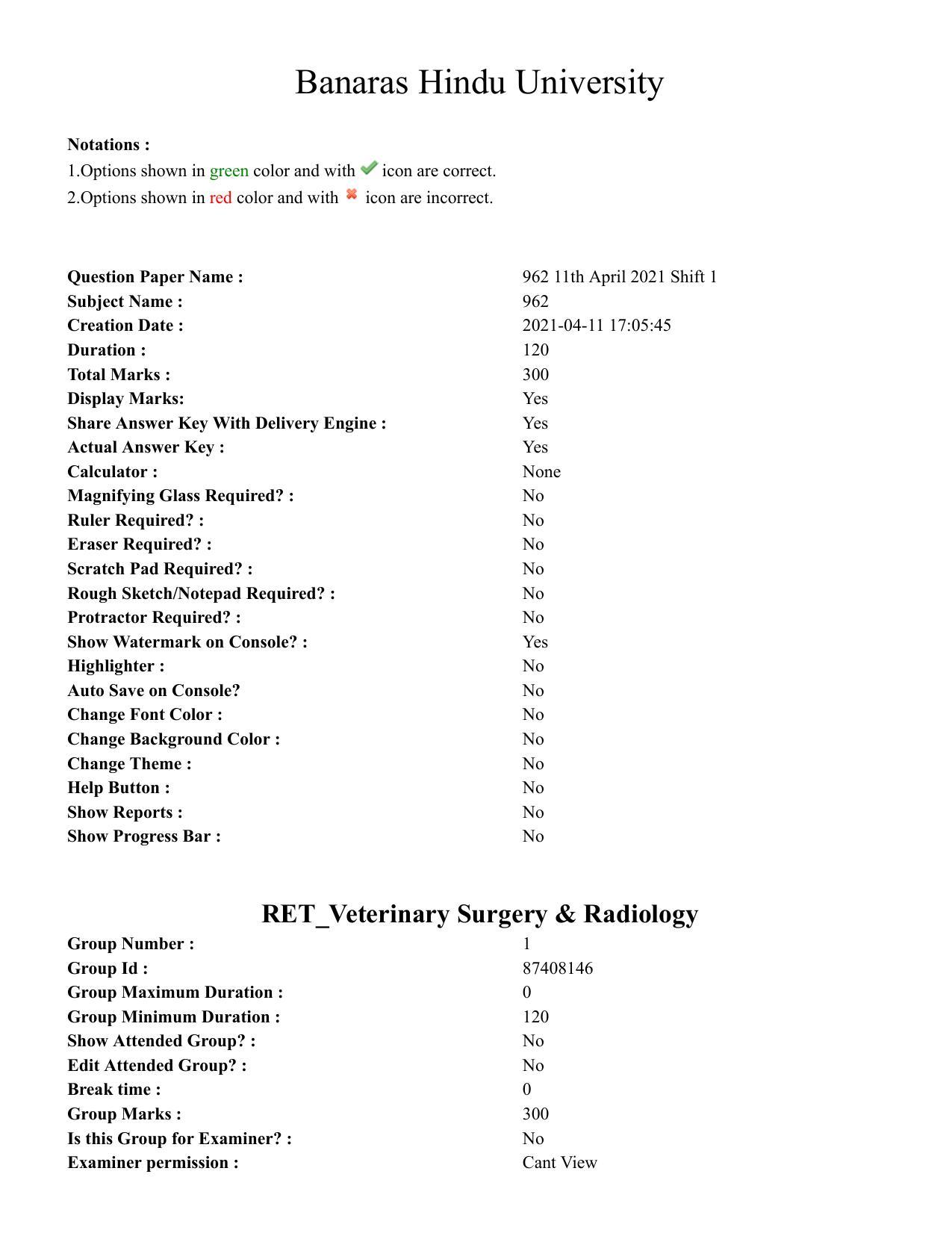 BHU RET Veterinary Surgery & Radiology 2020 Question Paper - Page 1