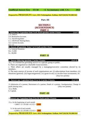 Kerala Plus Two 2022 Accountancy CA Answer key