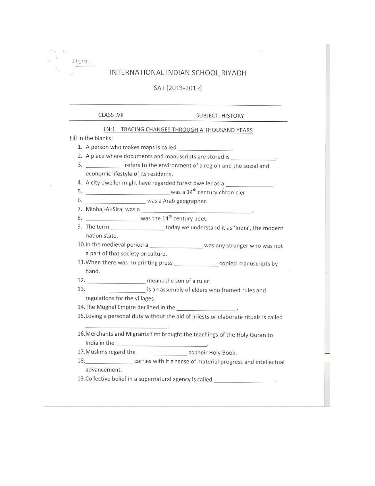 CBSE Worksheets for Class 7 Geography Tracing Changes Through A Thousand Years Assignment 1 - Page 1