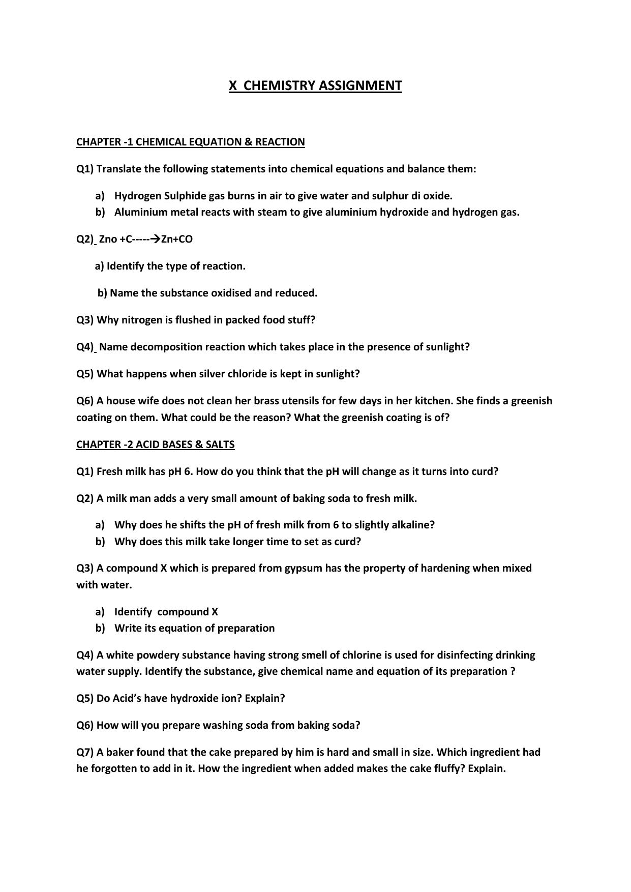 CBSE Worksheets for Class 10 Chemistry All Chapters Assignment - Page 1